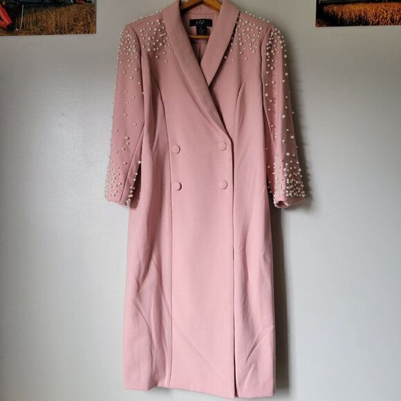 EUC WORN ONCE MIDNIGHT VELVET  FAUX WRAP PINK PEARLED DRESS SIZE 10 / M - Picture 1 of 16